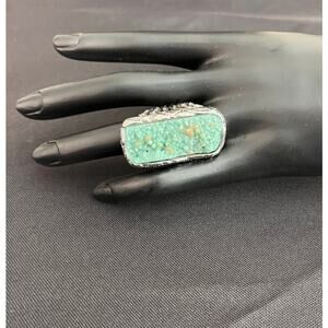 Boho Statement Ring Turquoise Style Inlay Silver Tone Filigree Size 8
